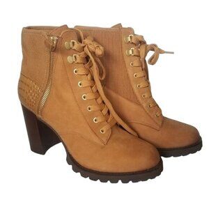 Gibson Latimer Chunky Platform Ankle Boots Sz 9 Tan Croc Embossed Block Heel Y2K